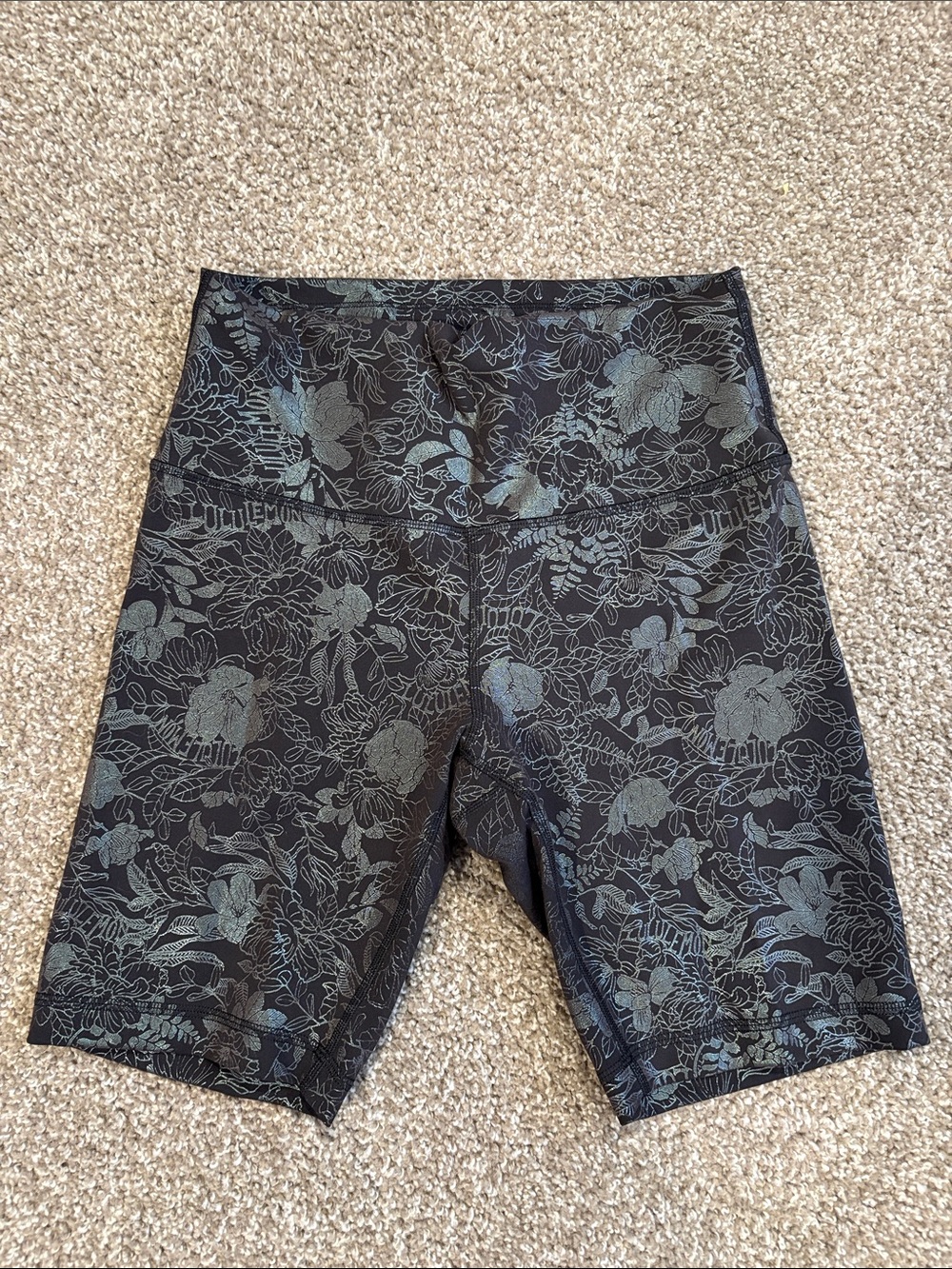 lululemon Black Floral High-Rise Bike Shorts with Metallic Print